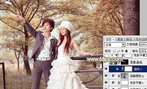 ‘Photoshop调制出唯美的秋季暖色树林婚片‘