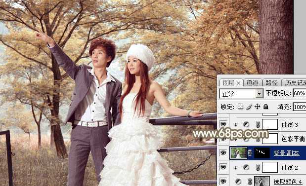 ‘Photoshop调制出唯美的秋季暖色树林婚片‘