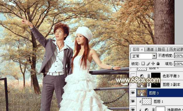 ‘Photoshop调制出唯美的秋季暖色树林婚片‘