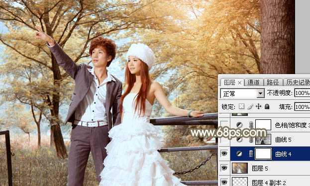 ‘Photoshop调制出唯美的秋季暖色树林婚片‘