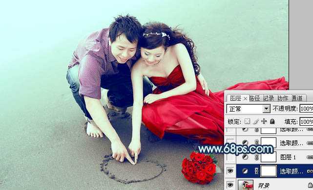 ‘Photoshop为海滩情侣图片调制出柔和的青紫色效果‘