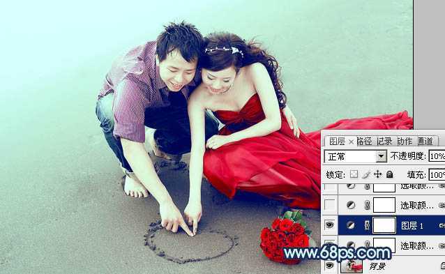 ‘Photoshop为海滩情侣图片调制出柔和的青紫色效果‘