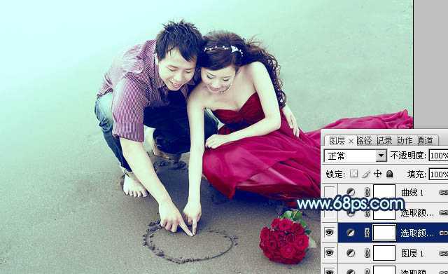‘Photoshop为海滩情侣图片调制出柔和的青紫色效果‘