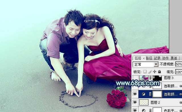 ‘Photoshop为海滩情侣图片调制出柔和的青紫色效果‘
