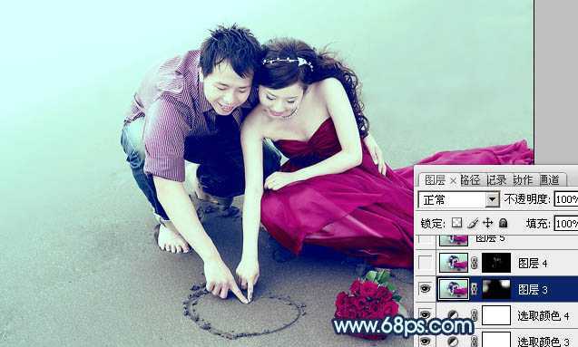 ‘Photoshop为海滩情侣图片调制出柔和的青紫色效果‘
