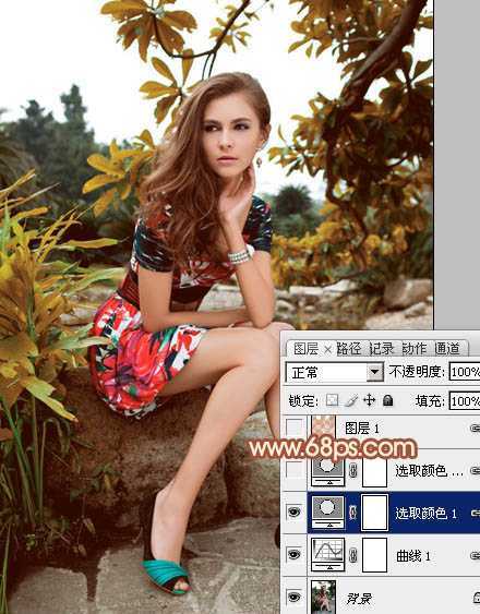 ‘Photoshop将树林中的美女图片增加上秋季柔美的橙红色效果‘