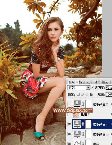 ‘Photoshop将树林中的美女图片增加上秋季柔美的橙红色效果‘