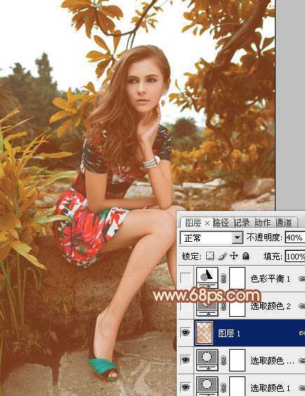 ‘Photoshop将树林中的美女图片增加上秋季柔美的橙红色效果‘