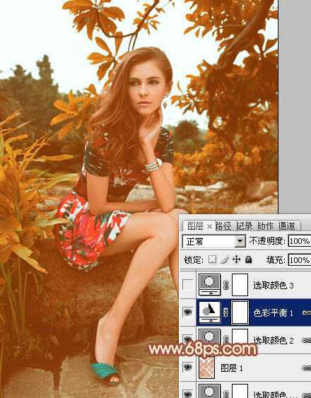 ‘Photoshop将树林中的美女图片增加上秋季柔美的橙红色效果‘