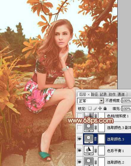 ‘Photoshop将树林中的美女图片增加上秋季柔美的橙红色效果‘