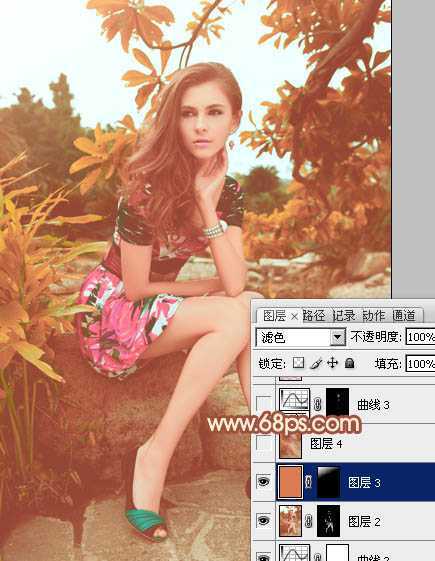 ‘Photoshop将树林中的美女图片增加上秋季柔美的橙红色效果‘