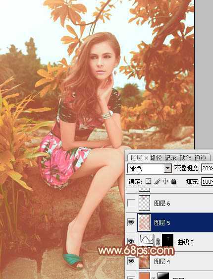 ‘Photoshop将树林中的美女图片增加上秋季柔美的橙红色效果‘