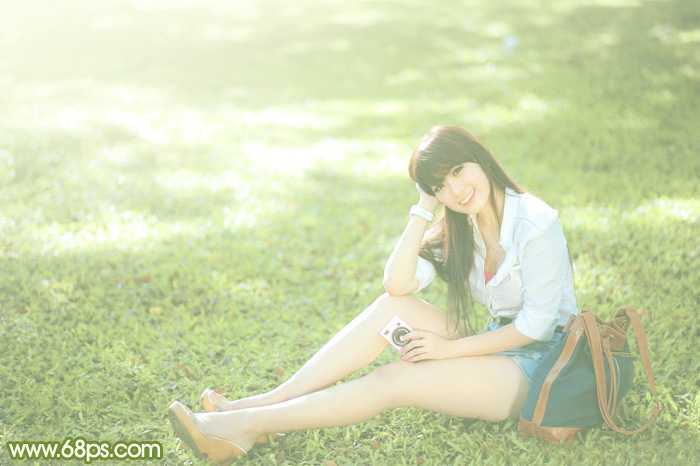 ‘Photoshop将绿草上的美女打造出甜美的韩系淡绿色‘
