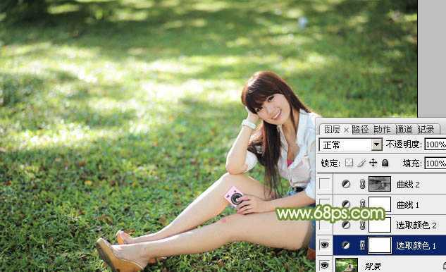 ‘Photoshop将绿草上的美女打造出甜美的韩系淡绿色‘