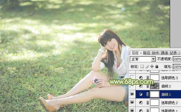 ‘Photoshop将绿草上的美女打造出甜美的韩系淡绿色‘