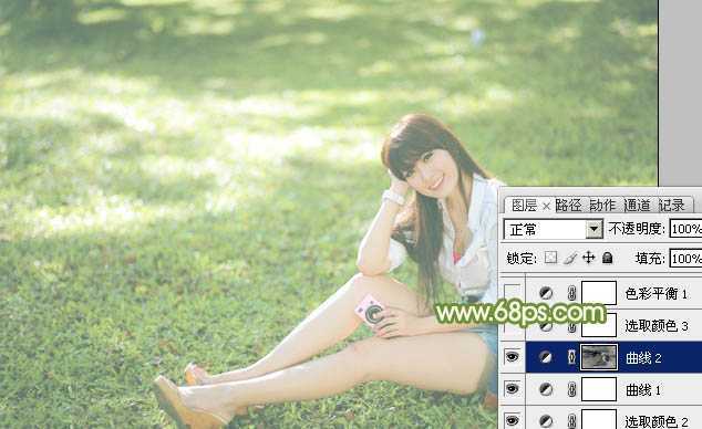 ‘Photoshop将绿草上的美女打造出甜美的韩系淡绿色‘