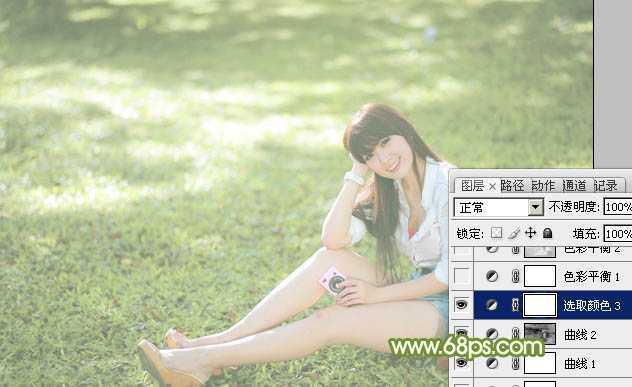 ‘Photoshop将绿草上的美女打造出甜美的韩系淡绿色‘