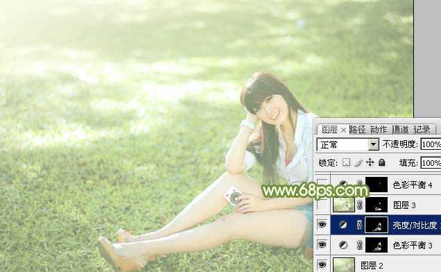 ‘Photoshop将绿草上的美女打造出甜美的韩系淡绿色‘