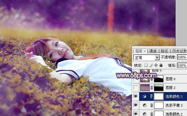 ‘Photoshop为躺在草地人物图片打造唯美梦幻的暗褐色‘