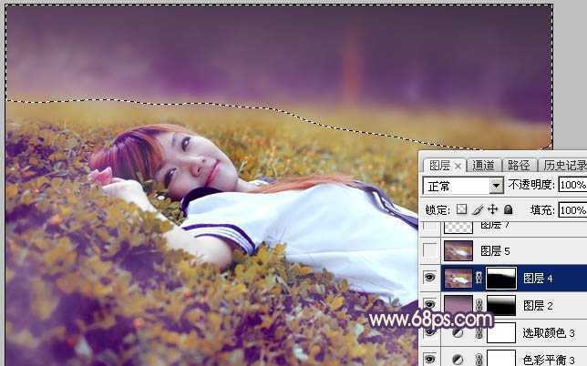 ‘Photoshop为躺在草地人物图片打造唯美梦幻的暗褐色‘