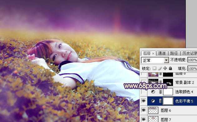 ‘Photoshop为躺在草地人物图片打造唯美梦幻的暗褐色‘