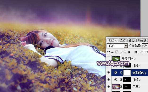 ‘Photoshop为躺在草地人物图片打造唯美梦幻的暗褐色‘