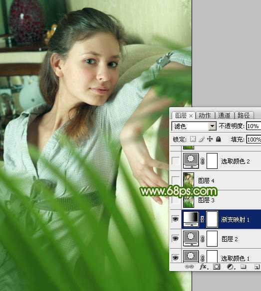 ‘Photoshop将室内人物照片调成甜美清新的绿色调‘
