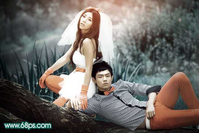 ‘Photoshop将外景婚片调成个性的暗青色‘