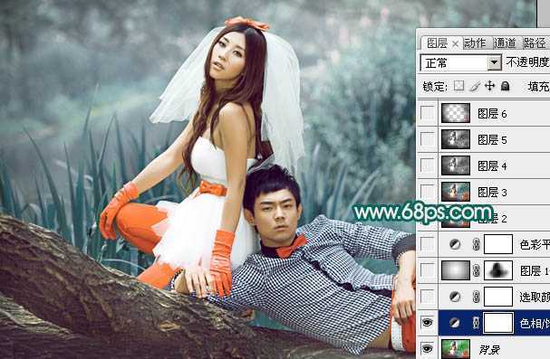 ‘Photoshop将外景婚片调成个性的暗青色‘