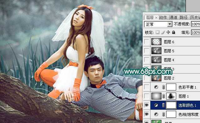 ‘Photoshop将外景婚片调成个性的暗青色‘