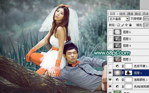 ‘Photoshop将外景婚片调成个性的暗青色‘