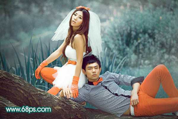 ‘Photoshop将外景婚片调成个性的暗青色‘