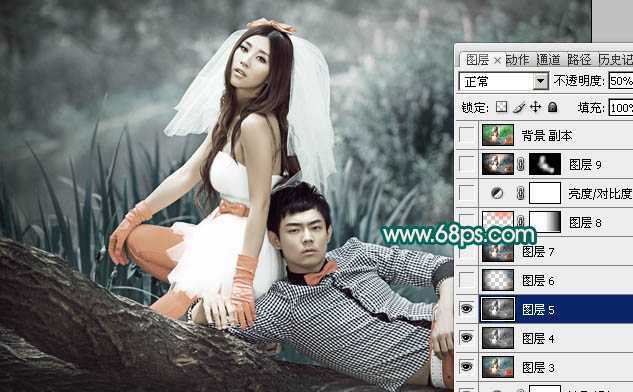 ‘Photoshop将外景婚片调成个性的暗青色‘