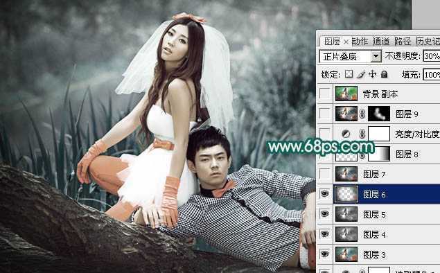 ‘Photoshop将外景婚片调成个性的暗青色‘