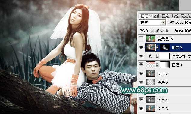 ‘Photoshop将外景婚片调成个性的暗青色‘