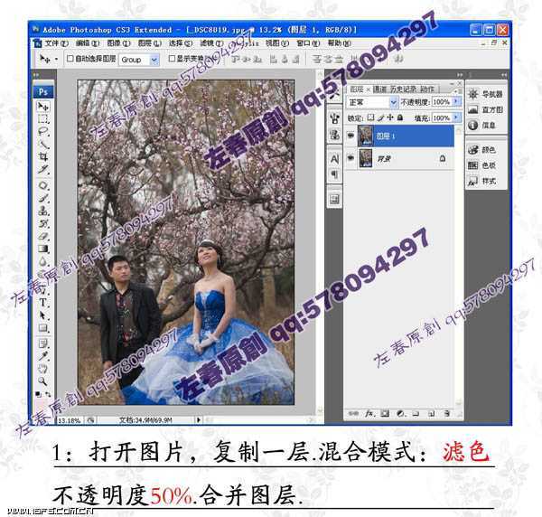 ‘Photoshop将阴沉的桃林婚片调制成阳光色彩效果‘