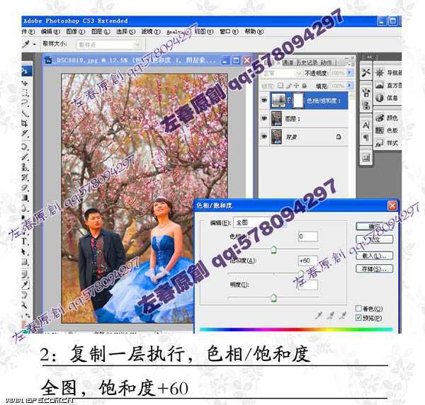 ‘Photoshop将阴沉的桃林婚片调制成阳光色彩效果‘