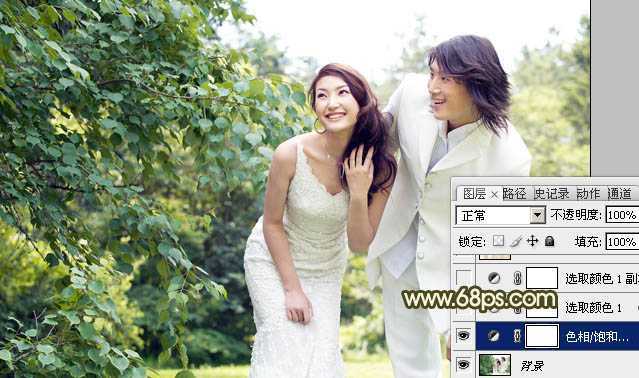 ‘Photoshop将树林婚片增加上柔和的淡黄色效果‘