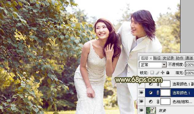 ‘Photoshop将树林婚片增加上柔和的淡黄色效果‘