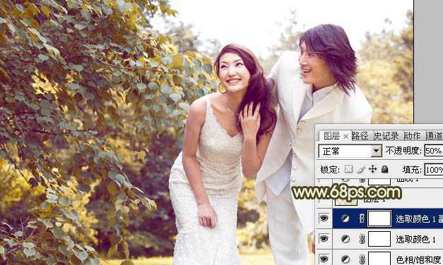 ‘Photoshop将树林婚片增加上柔和的淡黄色效果‘