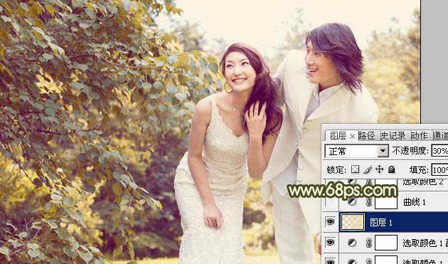 ‘Photoshop将树林婚片增加上柔和的淡黄色效果‘