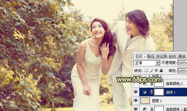 ‘Photoshop将树林婚片增加上柔和的淡黄色效果‘