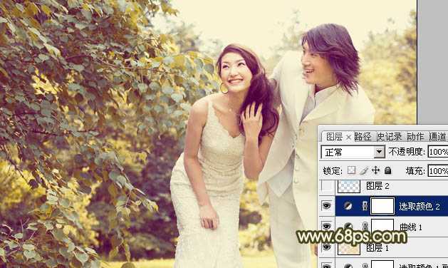 ‘Photoshop将树林婚片增加上柔和的淡黄色效果‘