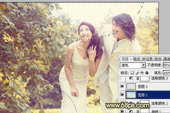 ‘Photoshop将树林婚片增加上柔和的淡黄色效果‘