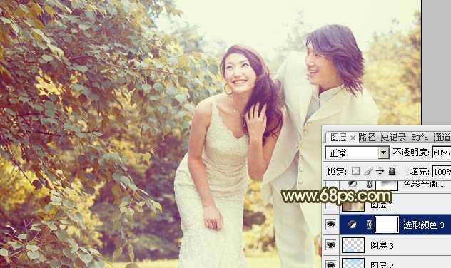 ‘Photoshop将树林婚片增加上柔和的淡黄色效果‘