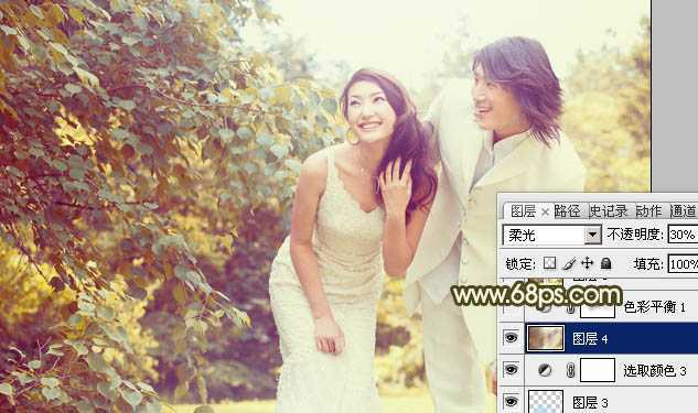‘Photoshop将树林婚片增加上柔和的淡黄色效果‘