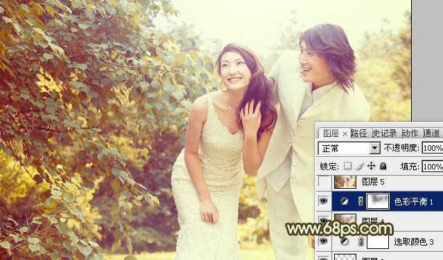‘Photoshop将树林婚片增加上柔和的淡黄色效果‘