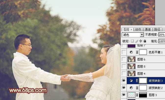 ‘Photoshop将外景婚片调成温馨的淡红色‘