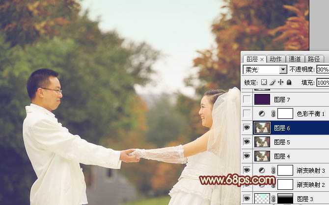 ‘Photoshop将外景婚片调成温馨的淡红色‘