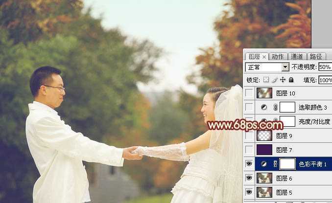 ‘Photoshop将外景婚片调成温馨的淡红色‘